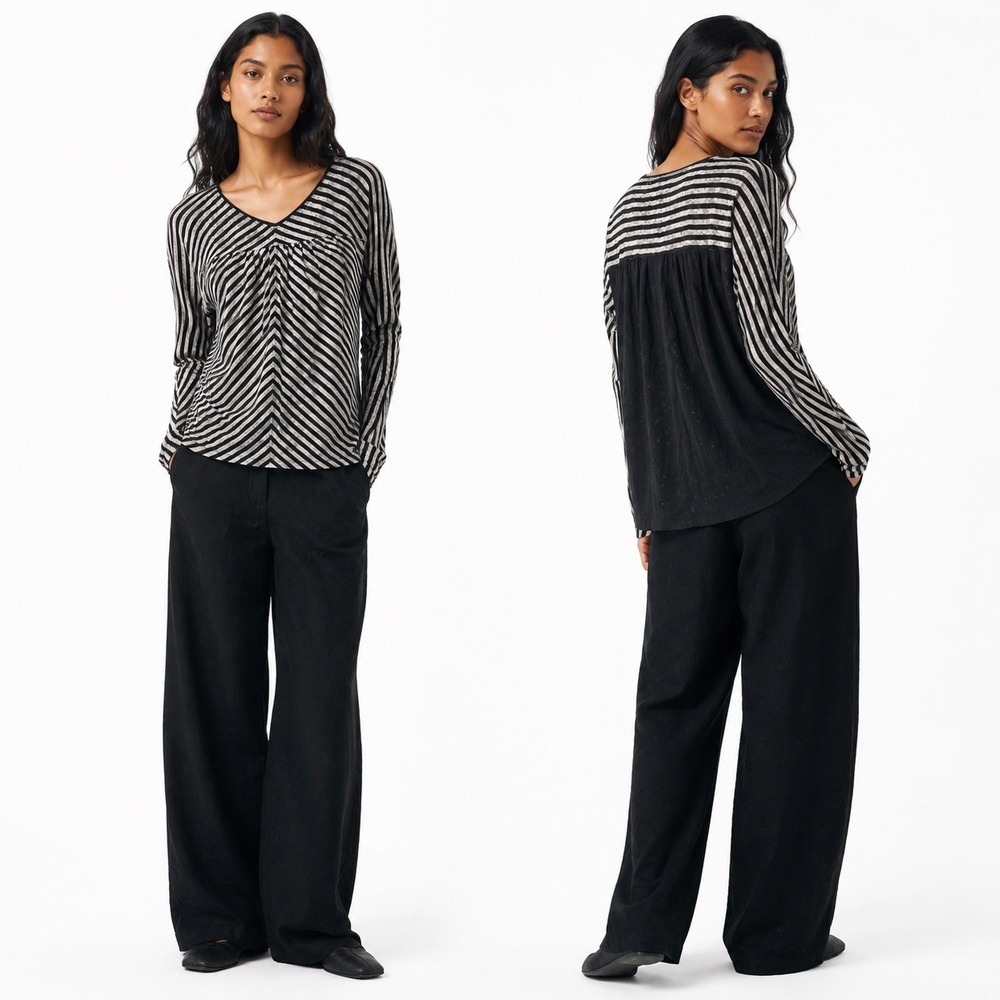 Anthropologie Women Long Sleeve Striped Top Black Grey XS Boho Casual